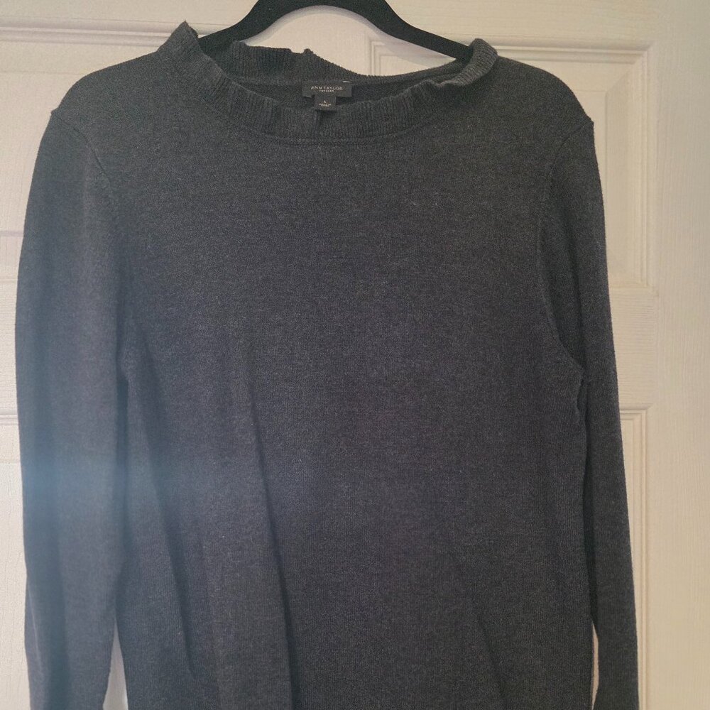 Ann Taylor L black sweater with ruffles on neck and sleeves